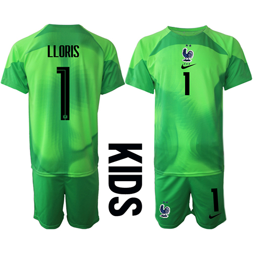 Frankrike Hugo Lloris #1 Målvakt Bortaställ Barn VM 2022 Kortärmad (+ Korta byxor)